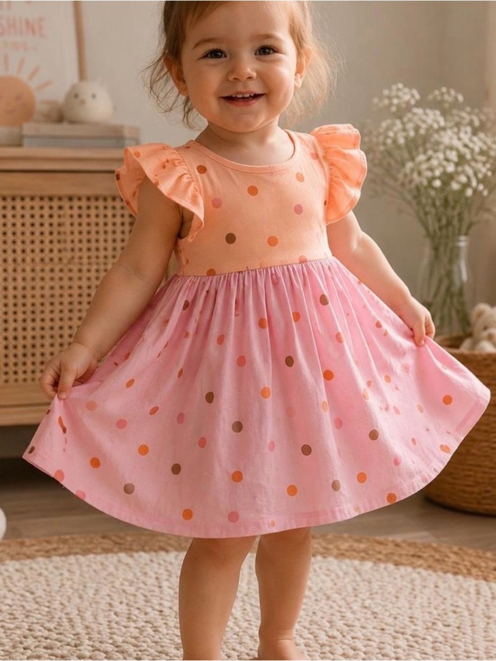 DOTDOTSMILE Toddler Dress Empire Style Pink and Orange Polka Dot Size 12-24M